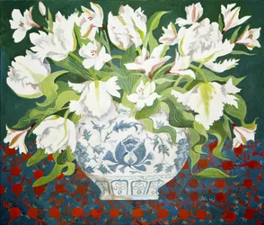 Bílé dvojité tulipány a alstromérie, 2013 (akryl na plátně)