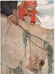 Tom zapletený do rybářské sítě, ilustrace z „The Water Babies“ od reverenda Charlese Kingsleyho (barevné lito)