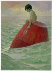 Tom seděl na bóji dlouhé dny, z hospody The Water Babies od Charlese Kingsleyho. 1916 (barevné lito)