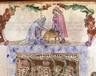 Judaismus: Hebrejský obřad mytí nohou (omývání) cestovatele. Miniatura z hebrejského rukopisu ze 14. století. Biblioteca Palatina, Parma