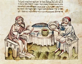 Judaismus: „“dva rabíni slaví Velikonoce obřadem sederu““ Miniatura z Mahzoru (modlitební kniha v hebrejštině) Parma z 15. století, Biblioteca Palatina