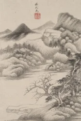 Krajina ve stylu různých starých mistrů: Ve stylu Dong Yuan, 1669 (inkoust a barva na papíře)
