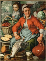 Farmářka na trhu (malba na dubovém dřevě)