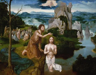 Křest Kristův (detail). Obraz od Joachima Patinira (Patinier, Patenier) (1480-1524)