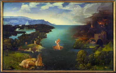 Převoz přes Styx: Cháron na své lodi v podsvětí. Obraz Joachima Patinira (Skater) (1485-1524), vlámská škola. Rozměry 0,64 x 1,03 m, Madrid, Museo del Prado