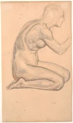 Modelová studie; klečící žena v profilu m.h.