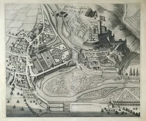 Itálie, Dolceacqua, vesnice Dolceacqua (Imperia) z divadla Královské výsosti Savojského od Joan Blaeu, Amsterdam