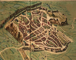 Mapa Acquapendente z Divadla města a nádherné Itálie od Joan Blaeu, rytina