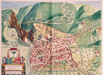 Mapa Spoleta z divadla měst a divů Itálie, od Joan Blaeu, rytina