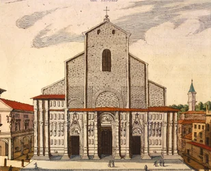 Bazilika San Petronio v Bologni, od Joan Blaeu (1596-1673), tisk z Theatrum Civitatum et Admirandorum Italiae, Itálie
