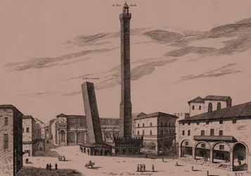 Dvě věže (Asinelli a Garisenda), Bologna, Bologna, Emilia-Romagna, Itálie, mědirytina, cca 21x29 cm