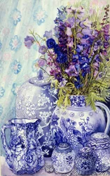 Delphiniums with Antique Blue Pots, 2000, (vodová barva)