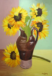Pět slunečnic ve vysokém hnědém džbánu,2007 (kvaš)