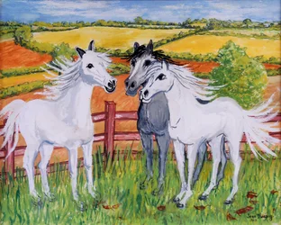 Three Frisky Horses, 2002, (kvaš)