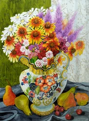 Viktoriánský džbán se směsí květin, hrušek a třešní, 2010, kvaš
