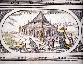 Reprezentace sedmi divů starověku: mauzoleum Halikarnassu. v Atlasu Janssona Jannsonia vytištěném v Amsterodamu roku 1630. Soukromá sbírka.