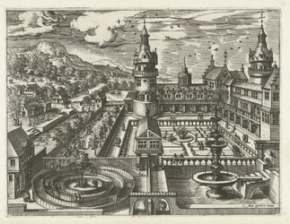 Hrad s bludištěm a fontánou Krajiny, mořské krajiny a imaginativní městské scenérie (název série)
