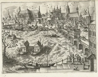 Panoráma města s mostem a přístavem Krajiny, mořské krajiny a imaginativní městské scenérie (název série)