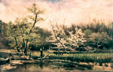 "" Jarní krajina "" Obraz od Joaquima Vareydy i Vila (1843-1894). Kolem roku 1880. Barcelona. Národní muzeum umění Katalánska.