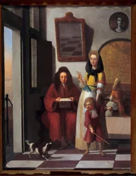 Žánrová scéna Rodina v interiéru. Matka nechává svého syna hrát si se psem. Obraz Joba Berckheyda (1630-1696) 17. století Avignon, Calvet Museum