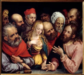 Kristus a žena cizoložná malba na kartonu od Jobsta Harricha (1580-1617) 1617 ne. 0,73x0,84 m