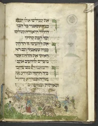 MS Add. 14762, fol. 15r, Exodus a přechod Rudého moře, z „Aškenázské hagady“, kolem roku 1460