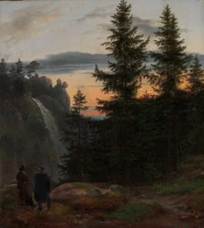 Dva muži před vodopádem při západu slunce, 1823