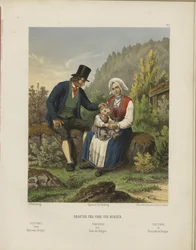 Ilustrace převzata z knihy Vybrané norské národní kostýmy od neznámého autora a publikoval Chr. Tønsberg (č. [1861])