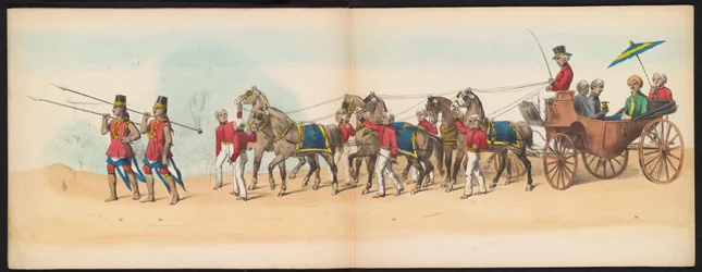 Maškaráda studentů z Delft, 1857 (deska 4) Krojovaný průvod pořádaný členy studentského sboru Delft 5. května 1857, zobrazující Garebegův průvod sultána z Djokjokarty a nejcharakterističtější typy z Nizozemí.