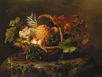 Ananas, hrozny, broskve a meruňky v košíku,