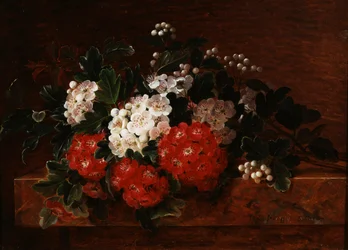 Aubepines na mramorové římse. Obraz Johana Laurentze Jensena (1800-1856) Soukromá sbírka.