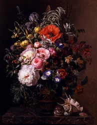 Mák, pivoňky, růže a nasturcie v řecké váze. Obraz Johana Laurentze Jensena (1800-1856) Soukromá sbírka.
