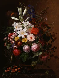 Lilie, pelargonie a růže v řecké váze. Obraz Johana Laurentze Jensena (1800-1856) Soukromá sbírka.