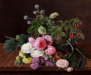 Mechové růže, pivoňky a dvojité tremírové růže s fialovými komelíny. Obraz Johana Laurentze Jensena (1800-1856) Soukromá sbírka.