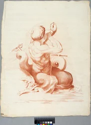 Akademická kresba. Detail stropní výzdoby s Péleem a Thetidou v Galleria Farnese v Římě, Tritón troubící na lasturu