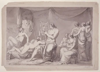 Achilles ve stanu se zajatci, asi 1795-96 (pero, tuš a wash na papíře)