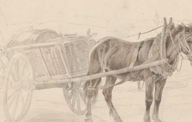 Vozík tažený hnědým koněm u sloupu lampy, Verso: Skupina jízdních důstojníků, ca. 1815.