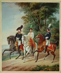 Tři panovníci na koních: Císař František I., car Alexandr I., král Fridrich Vilém III.