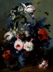 Zátiší s růžemi, máky a kosatci. Obraz Johanna Baptisty Drechslera (1756-1811) Soukromá sbírka.