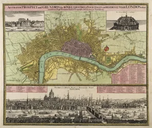 Map and Prospect of London, c.1710 (ručně kolorovaná rytina)