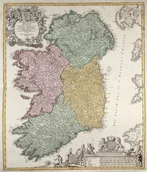 Mapa Irska zobrazující provincie Ulster, Munster, Connaught a Leinster od Johanna B. Homanna, kolem roku 1730 (ručně kolorovaná rytina)