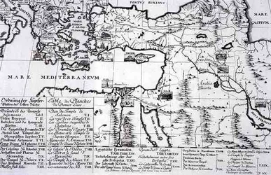 Mapa míst citovaných v První knize „Návrh historické architektury“