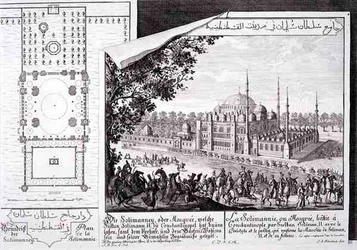 Plán a pohled na mešitu Suleymaniye, Istanbul, z „Návrh historické architektury“, vyryl Johann Adam Delsenbach