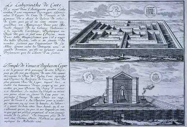 Labyrint na Krétě a Venušin chrám, Paphos, Kypr, oba převzaty z návrhů nalezených na starověkých římských mincích z „Entwurf einer historischen Architektur“