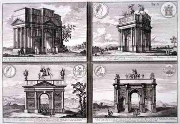 Triumfální oblouk Catulus a Marius v Orange, Domitianův oblouk, Drusův oblouk a Oblouk Septima Severa, z „Entwurf einer historischen Architektur“, vyryl Johann Adam Delsenbach (1687-1765)