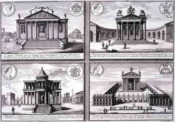 Pohled na čtyři chrámy z římských mincí, z „Návrhu historické architektury“, vyryl Johann Adam Delsenbach (1687-1765)