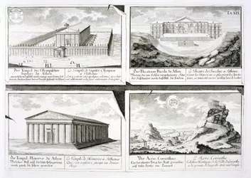Pohledy na čtyři klasické budovy: Chrám Dia Olympského, Dionýsovo divadlo v Aténách, Chrám Athény v Aténách a Chrám v Korintu, z Entwurf einer historischen Architektur,
