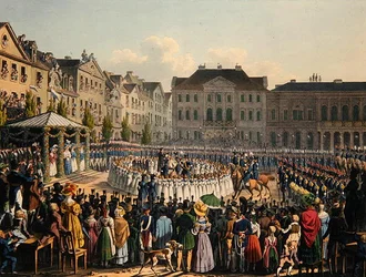 Slavnost svěcení vlajky kasselské občanské stráže v roce 1831 (barva lito)