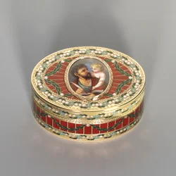 Tabatěrka, Drážďany, asi 1775-80, miniatura Ženeva, asi 1800 (saský tvrdý kámen, zlato a smalt)