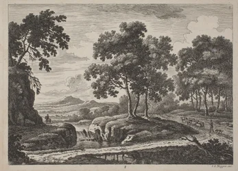 Panoramatické říční krajiny s cestovateli, 1734.
